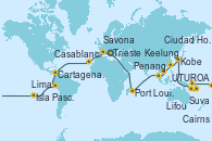 Visitando Trieste (Italia), Bari (Italia), Nápoles (Italia), Savona (Italia), Marsella (Francia), Barcelona, Casablanca (Marruecos), Santa Cruz de Tenerife (España), Bridgetown (Barbados), Cartagena de Indias (Colombia), Colón, Manta (Ecuador), Manta (Ecuador), Lima (Callao/Perú), Arica (Chile), San Antonio (Chile), San Antonio (Chile), Isla Pascua (Chile), Isla Pascua (Chile), Islas Pitcairn (Pacífico), Papeete (Tahití), UTUROA, Apia (Samoa), Nukualofa (Tongatapu), Suva (Fiyi), Isla Mystery (Vanuatu), Puerto Vila (Vanuatu), Lifou (Isla Loyalty/Nueva Caledonia), Sydney (Australia), Sydney (Australia), Brisbane (Australia), Cairns (Australia), Rabaul (Papúa Nueva Guinea), Tokio (Japón), Tokio (Japón), Kobe (Japón), Nagasaki (Japón), Busán (Corea del Sur), Keelung (Taiwán), Hong Kong (China), Hong Kong (China), Da Nang (Vietnam), Ciudad Ho Chi Minh (Vietnam), Singapur, Singapur, Port Klang (Malasia), Penang (Malasia), Colombo (Sri Lanka), Malé (Maldivas), Port Louis  (Mauricio), Port Louis  (Mauricio), Durban (Sudáfrica), Port Elizabeth (San Vicente y Granadinas), Ciudad del Cabo (Sudáfrica), Walvis Bay (Namibia), Mindelo (Cabo Verde), Las Palmas de Gran Canaria (España), Barcelona, Marsella (Francia), Savona (Italia), Civitavecchia (Roma), Corfú (Grecia), Bari (Italia), Trieste (Italia)