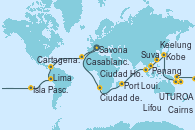 Visitando Savona (Italia), Marsella (Francia), Barcelona, Casablanca (Marruecos), Santa Cruz de Tenerife (España), Bridgetown (Barbados), Cartagena de Indias (Colombia), Colón, Manta (Ecuador), Manta (Ecuador), Lima (Callao/Perú), Arica (Chile), San Antonio (Chile), San Antonio (Chile), Isla Pascua (Chile), Isla Pascua (Chile), Islas Pitcairn (Pacífico), Papeete (Tahití), UTUROA, Apia (Samoa), Nukualofa (Tongatapu), Suva (Fiyi), Isla Mystery (Vanuatu), Puerto Vila (Vanuatu), Lifou (Isla Loyalty/Nueva Caledonia), Sydney (Australia), Sydney (Australia), Brisbane (Australia), Cairns (Australia), Rabaul (Papúa Nueva Guinea), Tokio (Japón), Tokio (Japón), Kobe (Japón), Nagasaki (Japón), Busán (Corea del Sur), Keelung (Taiwán), Hong Kong (China), Hong Kong (China), Da Nang (Vietnam), Ciudad Ho Chi Minh (Vietnam), Singapur, Singapur, Port Klang (Malasia), Penang (Malasia), Colombo (Sri Lanka), Malé (Maldivas), Port Louis  (Mauricio), Port Louis  (Mauricio), Durban (Sudáfrica), Port Elizabeth (San Vicente y Granadinas), Ciudad del Cabo (Sudáfrica), Walvis Bay (Namibia), Mindelo (Cabo Verde), Las Palmas de Gran Canaria (España), Barcelona, Marsella (Francia), Savona (Italia)