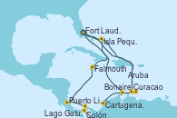 Visitando Fort Lauderdale (Florida/EEUU), Isla Pequeña (San Salvador/Bahamas), Curacao (Antillas), Cartagena de Indias (Colombia), Colón (Panamá), Lago Gatun (Panamá), Puerto Limón (Costa Rica), Falmouth (Jamaica), Fort Lauderdale (Florida/EEUU), Curacao (Antillas), Bonaire (Países Bajos), Aruba (Antillas), Isla Pequeña (San Salvador/Bahamas), Fort Lauderdale (Florida/EEUU)