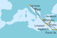 Visitando Split (Croacia), Venecia (Italia), Katakolon (Olimpia/Grecia), Heraklion (Creta), Rodas (Grecia), Limassol (Chipre), Puerto Said (Egipto), Alejandría (Egipto), Split (Croacia)