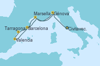 Visitando Civitavecchia (Roma), Génova (Italia), Marsella (Francia), Tarragona (España), Valencia, Barcelona, Marsella (Francia), Génova (Italia)