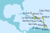 Visitando La Romana (República Dominicana), Philipsburg (St. Maarten), Roseau (Dominica), Pointe a Pitre (Guadalupe), Antigua (Antillas), Road Town (Isla Tórtola/Islas Vírgenes), La Romana (República Dominicana), Grand Turks(Turks & Caicos), Puerto Plata, Republica Dominicana, Samana (República Dominicana), Isla Catalina (República Dominicana), Cabo Rojo, La Romana (República Dominicana)