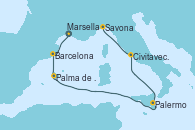 Visitando Marsella (Francia), Barcelona, Palma de Mallorca (España), Palermo (Italia), Civitavecchia (Roma), Savona (Italia)