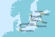 Visitando Copenhague (Dinamarca), Warnemunde (Alemania), Estocolmo (Suecia), Visby (Suecia), Tallin (Estonia), Helsinki (Finlandia), Riga (Letonia), Klaipeda (Lituania), Copenhague (Dinamarca)