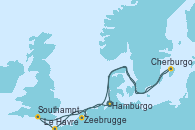 Visitando Hamburgo (Alemania), Zeebrugge (Bruselas), Le Havre (Francia), Southampton (Inglaterra), Cherburgo (Francia), Hamburgo (Alemania)