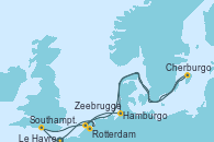 Visitando Le Havre (Francia), Southampton (Inglaterra), Cherburgo (Francia), Hamburgo (Alemania), Rotterdam (Holanda), Zeebrugge (Bruselas), Le Havre (Francia)