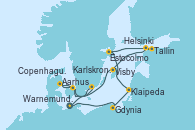 Visitando Warnemunde (Alemania), Gdynia (Polonia), Klaipeda (Lituania), Estocolmo (Suecia), Tallin (Estonia), Helsinki (Finlandia), Visby (Suecia), Aarhus (Dinamarca), Copenhague (Dinamarca), Karlskrona (Suecia), Warnemunde (Alemania)