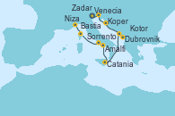 Visitando Venecia (Italia), Koper (Eslovenia), Zadar (Croacia), Dubrovnik (Croacia), Kotor (Montenegro), Catania (Sicilia), Amalfi (Italia), Sorrento (Nápoles/Italia), Bastia (Córcega), Niza (Francia)