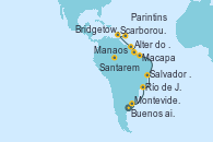 Visitando Buenos aires, Buenos aires, Montevideo (Uruguay), Río de Janeiro (Brasil), Río de Janeiro (Brasil), Río de Janeiro (Brasil), Salvador de Bahía (Brasil), Macapa (Brasil), Alter do Chao (Brasil), Manaos (Brasil), Manaos (Brasil), Parintins (Brasil), Santarem (Brasil), Macapa (Brasil), Scarborough (Trinidad & Tobago), Bridgetown (Barbados)