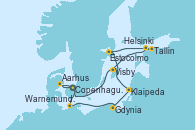 Visitando Copenhague (Dinamarca), Warnemunde (Alemania), Gdynia (Polonia), Klaipeda (Lituania), Estocolmo (Suecia), Tallin (Estonia), Helsinki (Finlandia), Visby (Suecia), Aarhus (Dinamarca), Copenhague (Dinamarca)