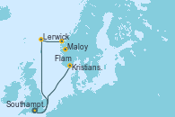 Visitando Southampton (Inglaterra), Lerwick (Escocia), Maloy (Noruega), Flam (Noruega), Kristiansand (Noruega), Southampton (Inglaterra)