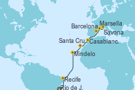 Visitando Río de Janeiro (Brasil), Recife (Brasil), Mindelo (Cabo Verde), Santa Cruz de Tenerife (España), Casablanca (Marruecos), Barcelona, Marsella (Francia), Savona (Italia)