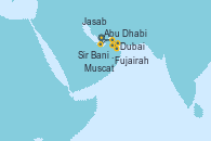 Visitando Abu Dhabi (Emiratos Árabes Unidos), Dubai, Sir Bani Yas Is (Emiratos Árabes Unidos), Abu Dhabi (Emiratos Árabes Unidos), Fujairah (Emiratos Árabes), Muscat (Omán), Jasab (Omán), Abu Dhabi (Emiratos Árabes Unidos)