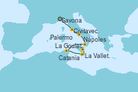 Visitando Savona (Italia), Civitavecchia (Roma), Nápoles (Italia), Palermo (Italia), La Goulette (Tunez), La Valletta (Malta), Catania (Sicilia)