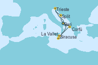 Visitando Bari (Italia), Corfú (Grecia), Siracusa (Sicilia), La Valletta (Malta), Split (Croacia), Trieste (Italia), Bari (Italia)