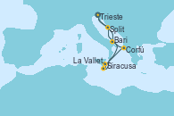 Visitando Trieste (Italia), Bari (Italia), Corfú (Grecia), Siracusa (Sicilia), La Valletta (Malta), Split (Croacia), Trieste (Italia)