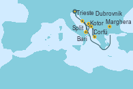 Visitando Trieste (Italia), Bari (Italia), Kotor (Montenegro), Corfú (Grecia), Dubrovnik (Croacia), Split (Croacia), Marghera (Venecia/Italia)