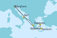 Visitando Marghera (Venecia/Italia), Bari (Italia), Santorini (Grecia), Mykonos (Grecia), Katakolon (Olimpia/Grecia), Marghera (Venecia/Italia)