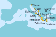 Visitando Marghera (Venecia/Italia), Bari (Italia), Santorini (Grecia), Mykonos (Grecia), Katakolon (Olimpia/Grecia), Marghera (Venecia/Italia), Bari (Italia), Corfú (Grecia), Zakinthos (Grecia), Argostoli (Grecia), Dubrovnik (Croacia), Split (Croacia), Trieste (Italia)