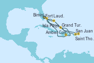 Visitando Fort Lauderdale (Florida/EEUU), Grand Turks(Turks & Caicos), San Juan (Puerto Rico), Saint Thomas (Islas Vírgenes), Isla Pequeña (San Salvador/Bahamas), Fort Lauderdale (Florida/EEUU), Isla Pequeña (San Salvador/Bahamas), Grand Turks(Turks & Caicos), Amber Cove (República Dominicana), Bimini (Bahamas), Fort Lauderdale (Florida/EEUU)