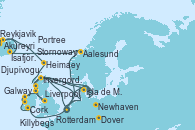 Visitando Rotterdam (Holanda), Stornoway (Isla de Lewis/Escocia), Killybegs (Irlanda), Galway (Irlanda), Cork (Irlanda), Isla de Mann (Reino Unido), Liverpool (Reino Unido), Portree (Reino Unido), Invergordon (Escocia), Newhaven (Reino Unido), Newhaven (Reino Unido), Dover (Inglaterra), Rotterdam (Holanda), Aalesund (Noruega), Djupivogur (Islandia), Akureyri (Islandia), Ísafjörður (Islandia), Reykjavik (Islandia), Heimaey (Islas Westmann/Islandia), Stornoway (Isla de Lewis/Escocia), Portree (Reino Unido), Dover (Inglaterra), Rotterdam (Holanda)