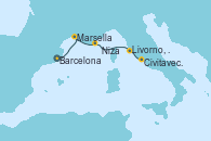 Visitando Barcelona, Marsella (Francia), Niza (Francia), Niza (Francia), La Spezia, Florencia y Pisa (Italia), Livorno, Pisa y Florencia (Italia), Livorno, Pisa y Florencia (Italia), Civitavecchia (Roma)