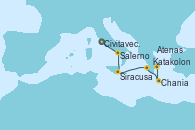 Visitando Civitavecchia (Roma), Salerno (Italia), Salerno (Italia), Siracusa (Sicilia), Katakolon (Olimpia/Grecia), Chania (Creta/Grecia), Atenas (Grecia), Atenas (Grecia)