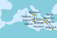 Visitando Civitavecchia (Roma), Salerno (Italia), Salerno (Italia), Siracusa (Sicilia), Katakolon (Olimpia/Grecia), Chania (Creta/Grecia), Atenas (Grecia), Atenas (Grecia), Alejandría (Egipto), Alejandría (Egipto), Heraklion (Creta), La Valletta (Malta), Catania (Sicilia), Nápoles (Italia), Civitavecchia (Roma)