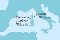 Visitando Civitavecchia (Roma), Livorno, Pisa y Florencia (Italia), Livorno, Pisa y Florencia (Italia), Mahón (Menorca/España), Palma de Mallorca (España), Barcelona, Barcelona