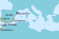 Visitando Barcelona, Cartagena (Murcia), Málaga, Casablanca (Marruecos), Tánger (Marruecos), Cádiz (España), Sevilla (España), Sevilla (España), Lisboa (Portugal), Lisboa (Portugal)