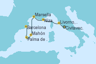 Visitando Civitavecchia (Roma), Livorno, Pisa y Florencia (Italia), Livorno, Pisa y Florencia (Italia), Niza (Francia), Marsella (Francia), Mahón (Menorca/España), Palma de Mallorca (España), Barcelona, Barcelona