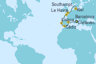 Visitando Civitavecchia (Roma), Barcelona, Cádiz (España), Lisboa (Portugal), Le Havre (Francia), Southampton (Inglaterra), Kiel (Alemania)