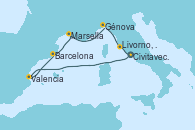 Visitando Civitavecchia (Roma), Valencia, Barcelona, Marsella (Francia), Génova (Italia), Livorno, Pisa y Florencia (Italia), Civitavecchia (Roma)