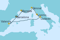 Visitando Barcelona, Marsella (Francia), Génova (Italia), Livorno, Pisa y Florencia (Italia), Civitavecchia (Roma), Valencia, Barcelona