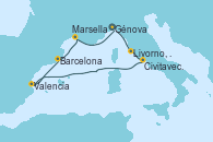 Visitando Génova (Italia), Livorno, Pisa y Florencia (Italia), Civitavecchia (Roma), Valencia, Barcelona, Marsella (Francia), Génova (Italia)