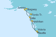 Visitando Seattle (Washington/EEUU), Ketchikan (Alaska), Sitka (Alaska), Skagway (Alaska), Juneau (Alaska), Fiordo Tracy Arm (Alaska), Victoria (Canadá), Seattle (Washington/EEUU)