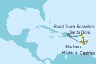 Visitando Santo Domingo (República Dominicana), Martinica (Antillas), Castries (Santa Lucía/Caribe), Pointe a Pitre (Guadalupe), Basseterre (Antillas), Road Town (Isla Tórtola/Islas Vírgenes), Santo Domingo (República Dominicana)