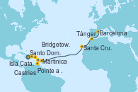 Visitando Santo Domingo (República Dominicana), Isla Catalina (República Dominicana), Martinica (Antillas), Pointe a Pitre (Guadalupe), Castries (Santa Lucía/Caribe), Bridgetown (Barbados), Santa Cruz de Tenerife (España), Tánger (Marruecos), Barcelona