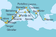 Visitando Civitavecchia (Roma), Livorno, Pisa y Florencia (Italia), Portofino (Italia), Marsella (Francia), Gibraltar (Inglaterra), Barcelona, Palma de Mallorca (España), Valencia, Málaga, Tánger (Marruecos), Lisboa (Portugal), Alicante (España), Barcelona, Barcelona, Ajaccio (Córcega), Civitavecchia (Roma), Bari (Italia), Kotor (Montenegro), Atenas (Grecia)