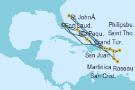 Visitando Fort Lauderdale (Florida/EEUU), Grand Turks(Turks & Caicos), San Juan (Puerto Rico), Saint Thomas (Islas Vírgenes), Isla Pequeña (San Salvador/Bahamas), Fort Lauderdale (Florida/EEUU), Isla Pequeña (San Salvador/Bahamas), Saint Thomas (Islas Vírgenes), St. John´s (Antigua y Barbuda), Martinica (Antillas), Roseau (Dominica), San Cristóbal y Nieves, Philipsburg (St. Maarten), Fort Lauderdale (Florida/EEUU)