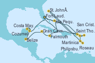 Visitando Fort Lauderdale (Florida/EEUU), Isla Pequeña (San Salvador/Bahamas), Saint Thomas (Islas Vírgenes), St. John´s (Antigua y Barbuda), Martinica (Antillas), Roseau (Dominica), San Cristóbal y Nieves, Philipsburg (St. Maarten), Fort Lauderdale (Florida/EEUU), Isla Pequeña (San Salvador/Bahamas), Falmouth (Jamaica), Gran Caimán (Islas Caimán), Belize (Caribe), Costa Maya (México), Cozumel (México), Fort Lauderdale (Florida/EEUU)