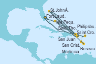 Visitando Fort Lauderdale (Florida/EEUU), Isla Pequeña (San Salvador/Bahamas), Saint Thomas (Islas Vírgenes), St. John´s (Antigua y Barbuda), San Cristóbal y Nieves, Saint Croix (Islas Vírgenes), San Juan (Puerto Rico), Fort Lauderdale (Florida/EEUU), Isla Pequeña (San Salvador/Bahamas), Saint Thomas (Islas Vírgenes), St. John´s (Antigua y Barbuda), Martinica (Antillas), Roseau (Dominica), San Cristóbal y Nieves, Philipsburg (St. Maarten), Fort Lauderdale (Florida/EEUU)