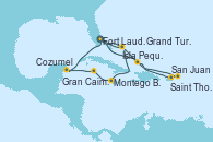 Visitando Fort Lauderdale (Florida/EEUU), Grand Turks(Turks & Caicos), San Juan (Puerto Rico), Saint Thomas (Islas Vírgenes), Isla Pequeña (San Salvador/Bahamas), Fort Lauderdale (Florida/EEUU), Isla Pequeña (San Salvador/Bahamas), Montego Bay (Jamaica), Gran Caimán (Islas Caimán), Cozumel (México), Fort Lauderdale (Florida/EEUU)