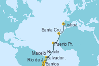 Visitando Santos (Brasil), Río de Janeiro (Brasil), Salvador de Bahía (Brasil), Maceió (Brasil), Recife (Brasil), Puerto Praia (Cabo Verde), Santa Cruz de Tenerife (España), Lisboa (Portugal)