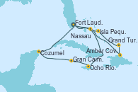 Visitando Fort Lauderdale (Florida/EEUU), Nassau (Bahamas), Ocho Ríos (Jamaica), Gran Caimán (Islas Caimán), Cozumel (México), Fort Lauderdale (Florida/EEUU), Nassau (Bahamas), Amber Cove (República Dominicana), Grand Turks(Turks & Caicos), Isla Pequeña (San Salvador/Bahamas), Fort Lauderdale (Florida/EEUU)