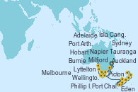 Visitando Sydney (Australia), Phillip Island, Melbourne (Australia), Burnie (Tasmania/Australia), Adelaide (Australia), Isla Canguro (Australia), Hobart (Australia), Port Arthur (Tasmania/Australia), Eden (Nueva Gales), Sydney (Australia), Melbourne (Australia), Hobart (Australia), Milfjord Sound (Nueva Zelanda), Port Chalmers (Nueva Zelanda), Lyttelton (Nueva Zelanda), Picton (Australia), Wellington (Nueva Zelanda), Napier (Nueva Zelanda), Tauranga (Nueva Zelanda), Auckland (Nueva Zelanda)