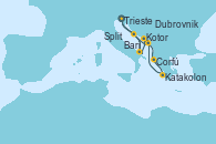 Visitando Trieste (Italia), Bari (Italia), Kotor (Montenegro), Corfú (Grecia), Katakolon (Olimpia/Grecia), Dubrovnik (Croacia), Split (Croacia), Trieste (Italia)