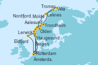 Visitando Rotterdam (Holanda), Aalesund (Noruega), Olden (Noruega), Haugesund (Noruega), Eidfjord (Hardangerfjord/Noruega), Rotterdam (Holanda), Nordfjordeid, Trondheim (Noruega), Leknes (Noruega), Tromso (Noruega), Alta (Noruega), Alta (Noruega), Molde (Noruega), Bergen (Noruega), Lerwick (Escocia), Ámsterdam (Holanda)