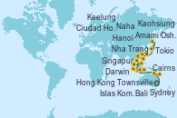 Visitando Sydney (Australia), Sydney (Australia), Townsville, Cairns (Australia), Darwin (Australia), Islas Komodo (Indonesia), Bali (Indonesia), Bali (Indonesia), Singapur, Singapur, Ciudad Ho Chi Minh (Vietnam), Nha Trang (Vietnam), Hanoi (Vietnam), Hong Kong (China), Hong Kong (China), Kaohsiung (Taiwán), Keelung (Taiwán), Naha (Japón), Amami Oshima (Japón), Nagasaki (Japón), Nagasaki (Japón), Shimizu (Japón), Tokio (Japón)