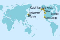 Visitando Tokio (Japón), Tokio (Japón), Hakodate (Japón), Isla Kodiak (Alaska), Sitka (Alaska), Ketchikan (Alaska), Seattle (Washington/EEUU), San Diego (California/EEUU)